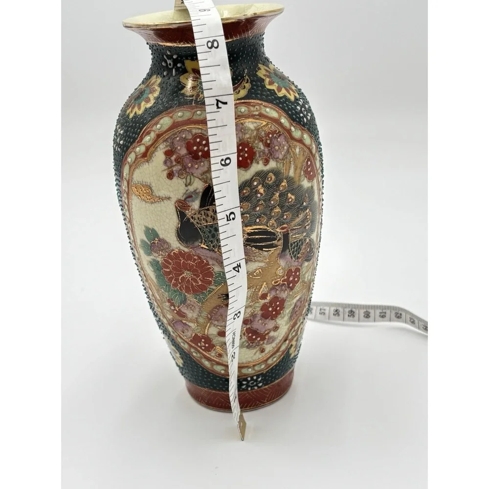 Vintage Japanese Moriage Peacock Vase 9